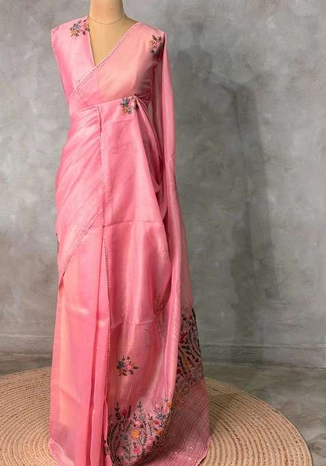 Pink Tissue Organza Silk Saree With Traditional Woven Design For Women