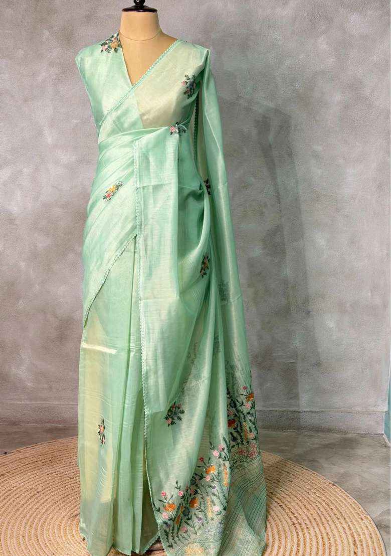 Pastal Green Tissue Organza Silk Saree With Traditional Woven Design For Women - Indya