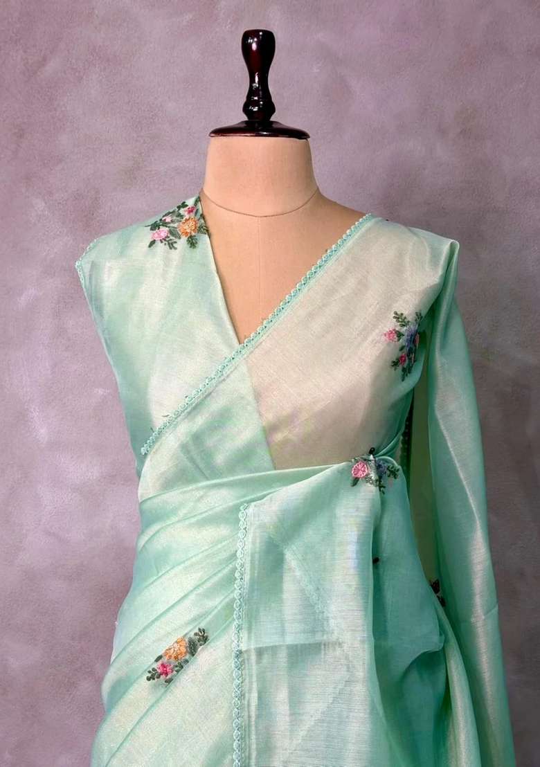 Pastal Green Tissue Organza Silk Saree With Traditional Woven Design For Women - Indya