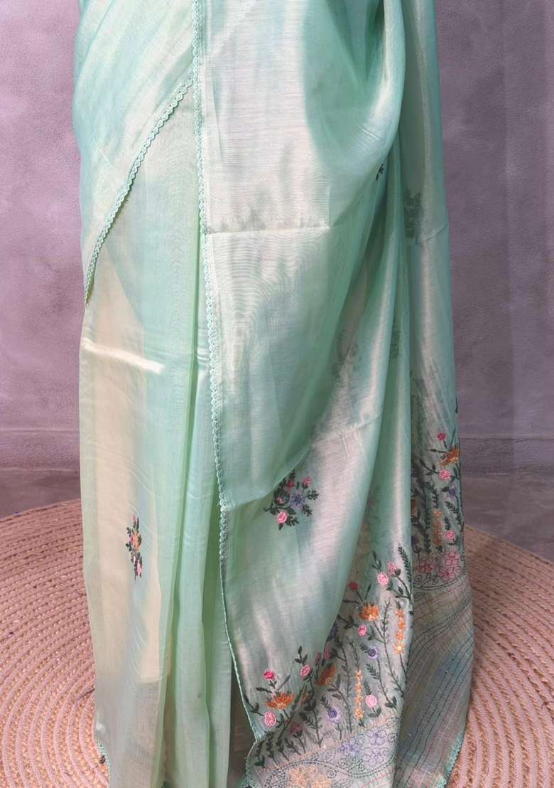 Pastal Green Tissue Organza Silk Saree With Traditional Woven Design For Women - Indya