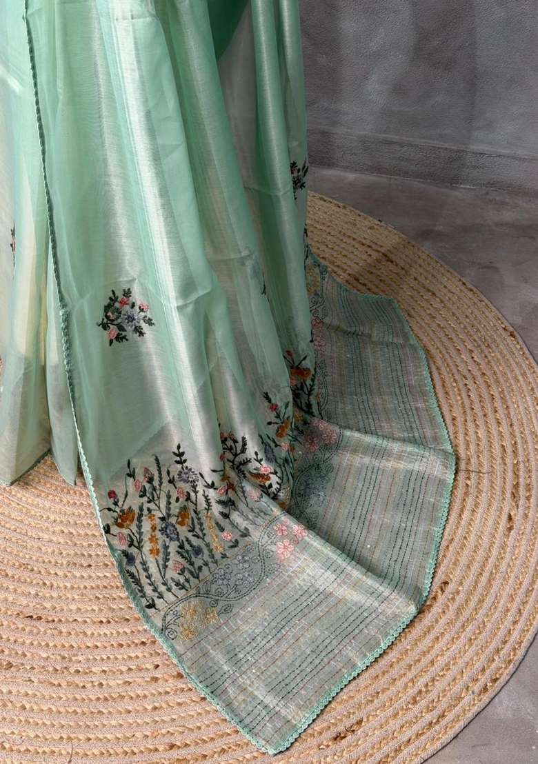 Pastal Green Tissue Organza Silk Saree With Traditional Woven Design For Women - Indya