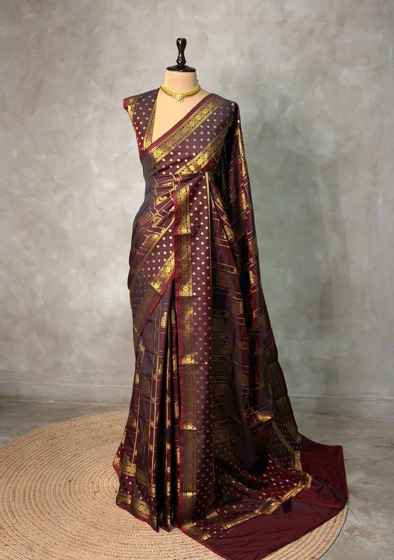 Brown Banarasi Silk Saree With Traditional Woven Design For Women - Indya