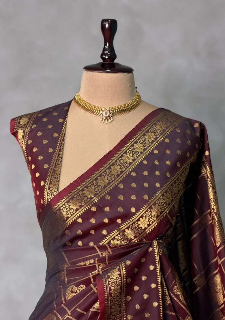 Brown Banarasi Silk Saree With Traditional Woven Design For Women - Indya
