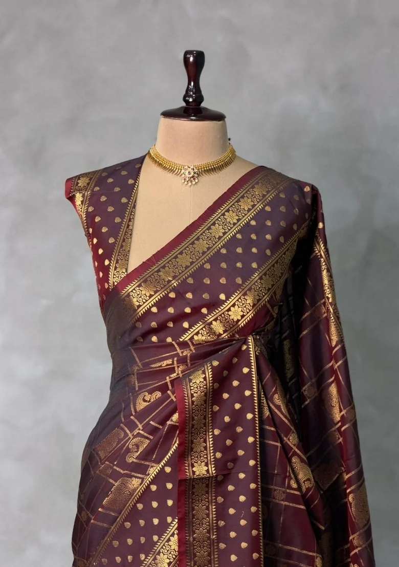 Brown Banarasi Silk Saree With Traditional Woven Design For Women - Indya