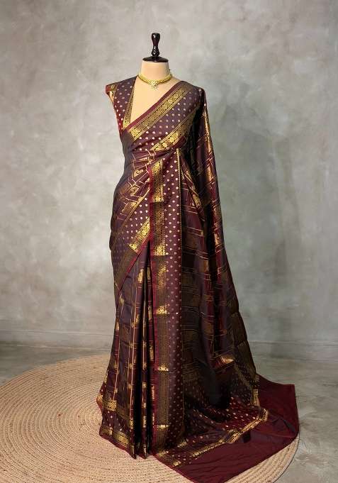 Brown Banarasi Silk Saree With Traditional Woven Design For Women