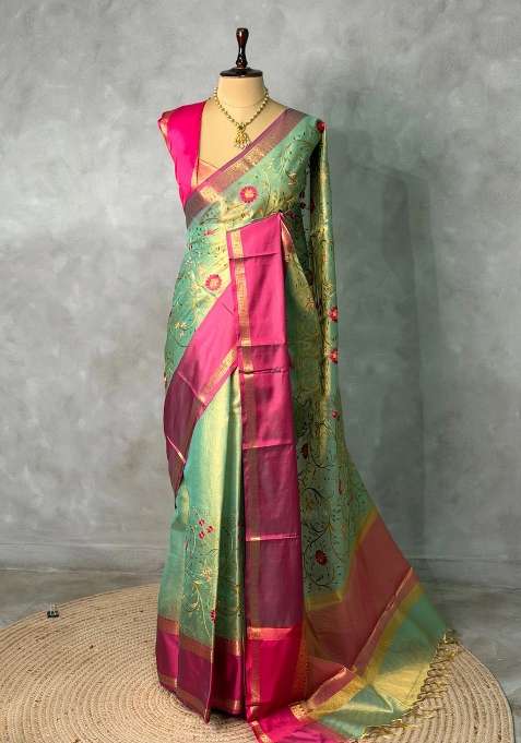 Green And Magenta Tissue Banarasi Silk Saree With Traditional Woven Design For Women