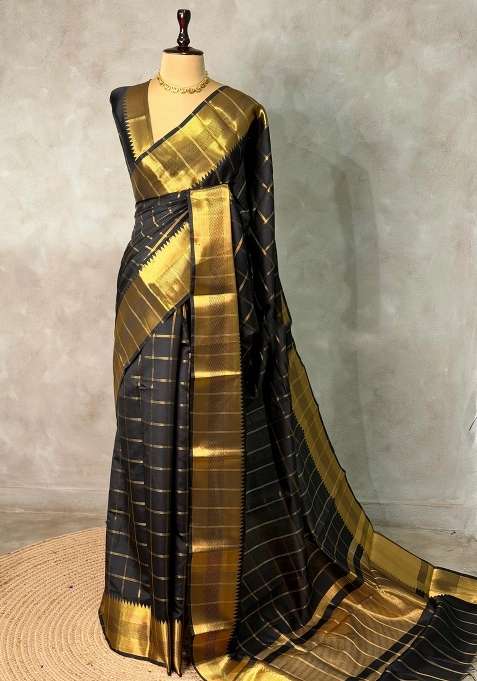 Black Semi Banarasi Silk Saree With Traditional Woven Design For Women