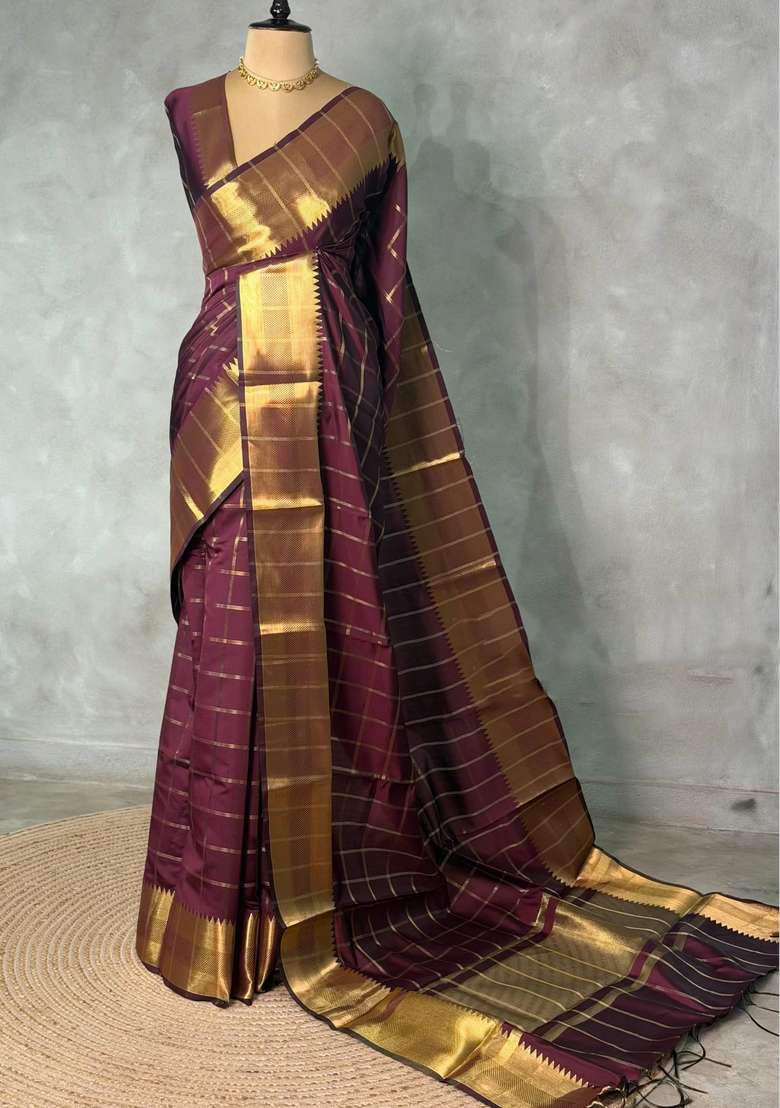 Brown Semi Banarasi Silk Saree With Traditional Woven Design For Women - Indya