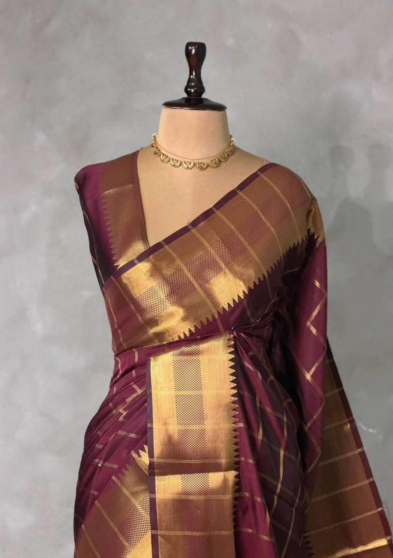Brown Semi Banarasi Silk Saree With Traditional Woven Design For Women - Indya