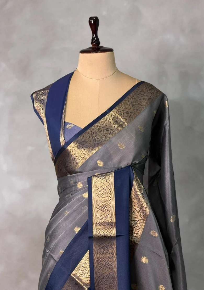 Grey And Blue Banarasi Silk Saree With Traditional Woven Design For Women - Indya