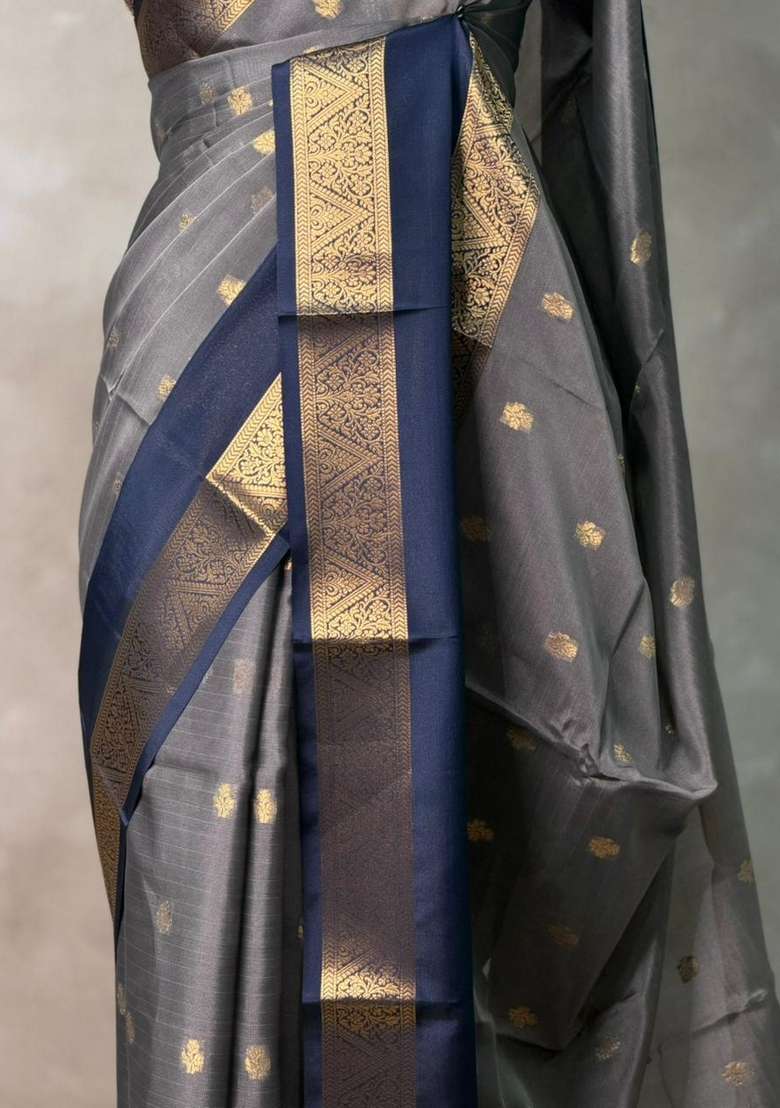 Grey And Blue Banarasi Silk Saree With Traditional Woven Design For Women - Indya