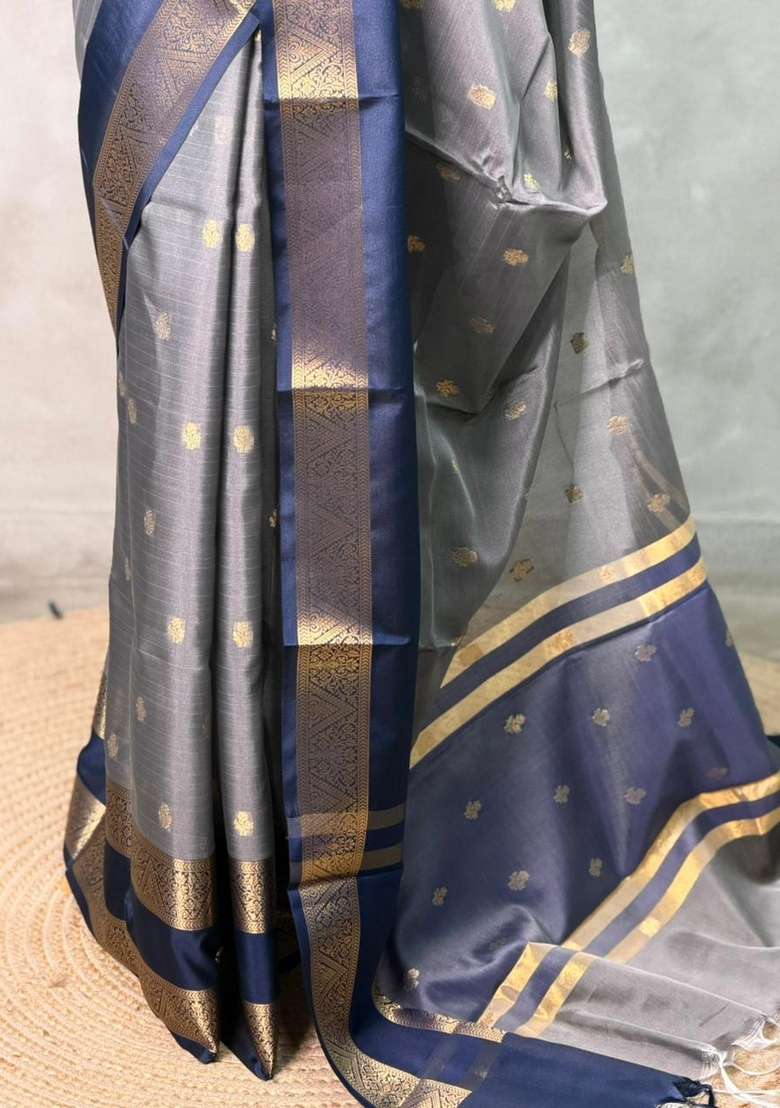 Grey And Blue Banarasi Silk Saree With Traditional Woven Design For Women - Indya