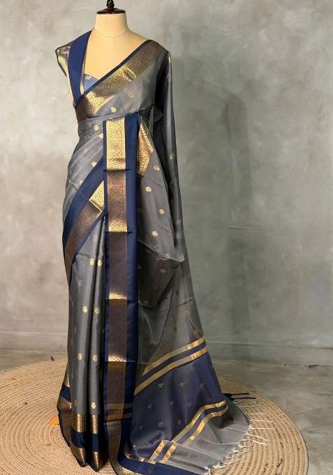 Grey And Blue Banarasi Silk Saree With Traditional Woven Design For Women