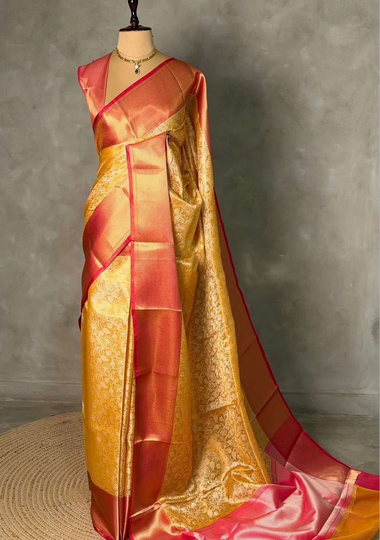 Golden Yellow And Magenta Tissue Banarasi Silk Saree With Traditional Woven Design For Women - Indya