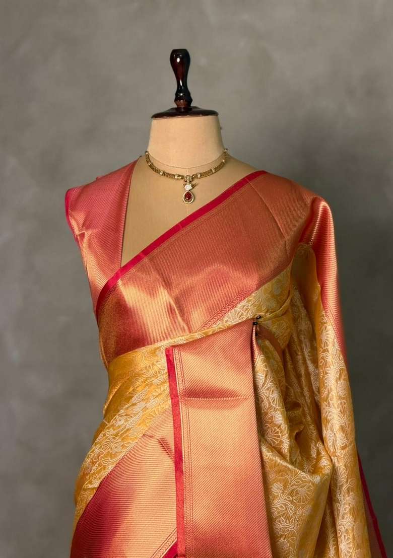 Golden Yellow And Magenta Tissue Banarasi Silk Saree With Traditional Woven Design For Women - Indya
