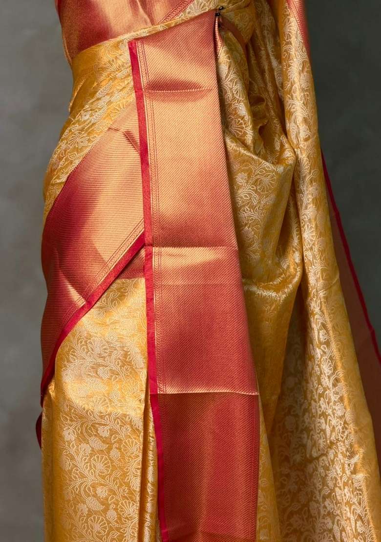 Golden Yellow And Magenta Tissue Banarasi Silk Saree With Traditional Woven Design For Women - Indya