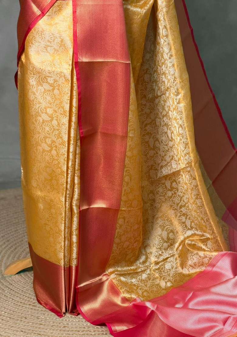Golden Yellow And Magenta Tissue Banarasi Silk Saree With Traditional Woven Design For Women - Indya
