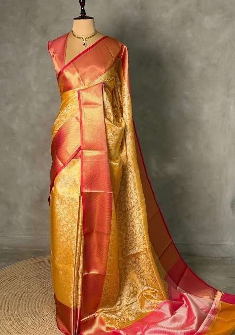 Golden Yellow And Magenta Tissue Banarasi Silk Saree With Traditional Woven Design For Women