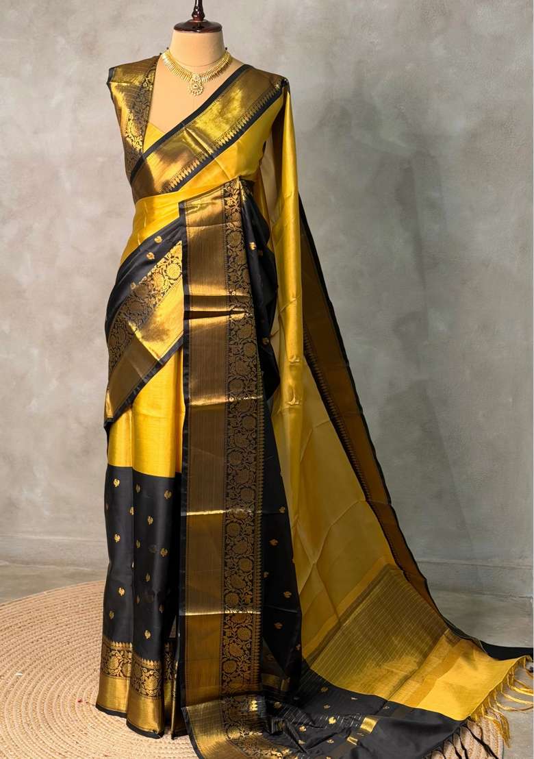 Gold And Black Banarasi Silk Saree With Traditional Woven Design For Women - Indya