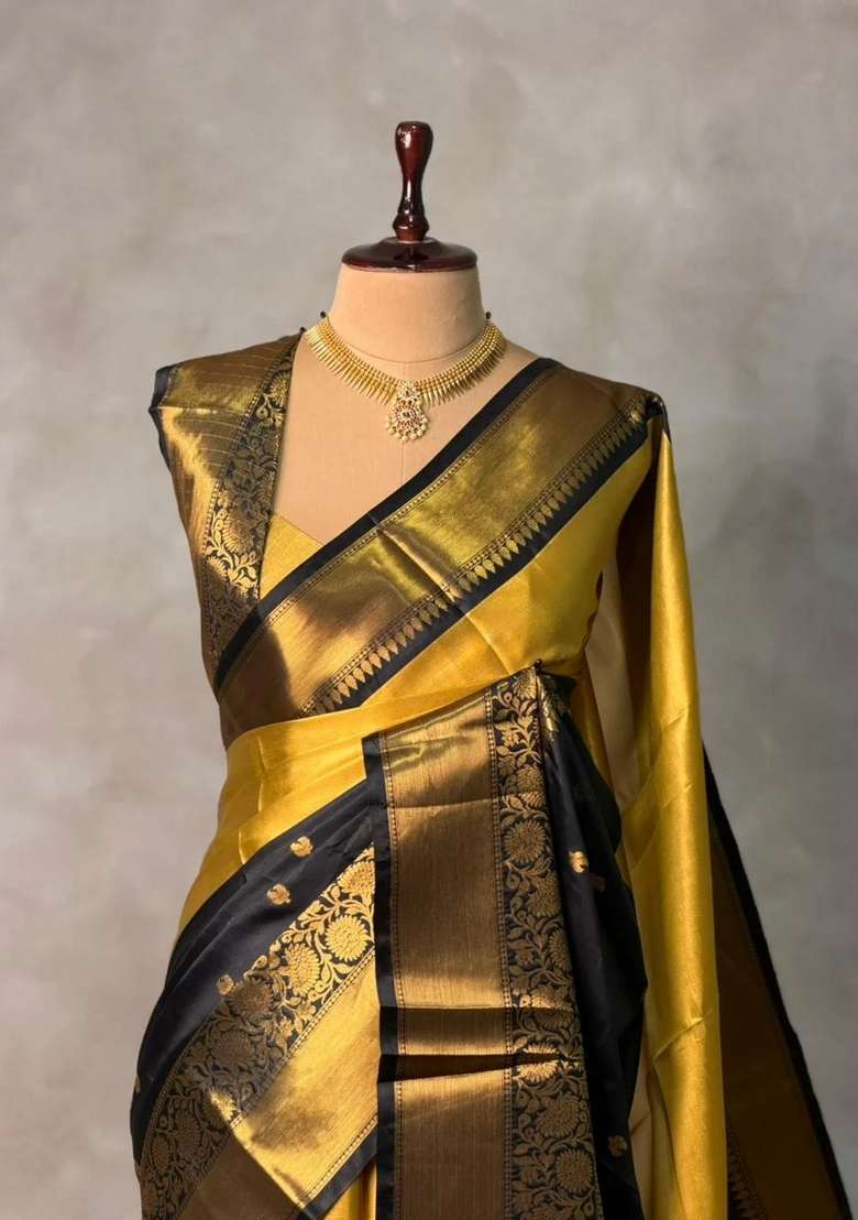 Gold And Black Banarasi Silk Saree With Traditional Woven Design For Women - Indya