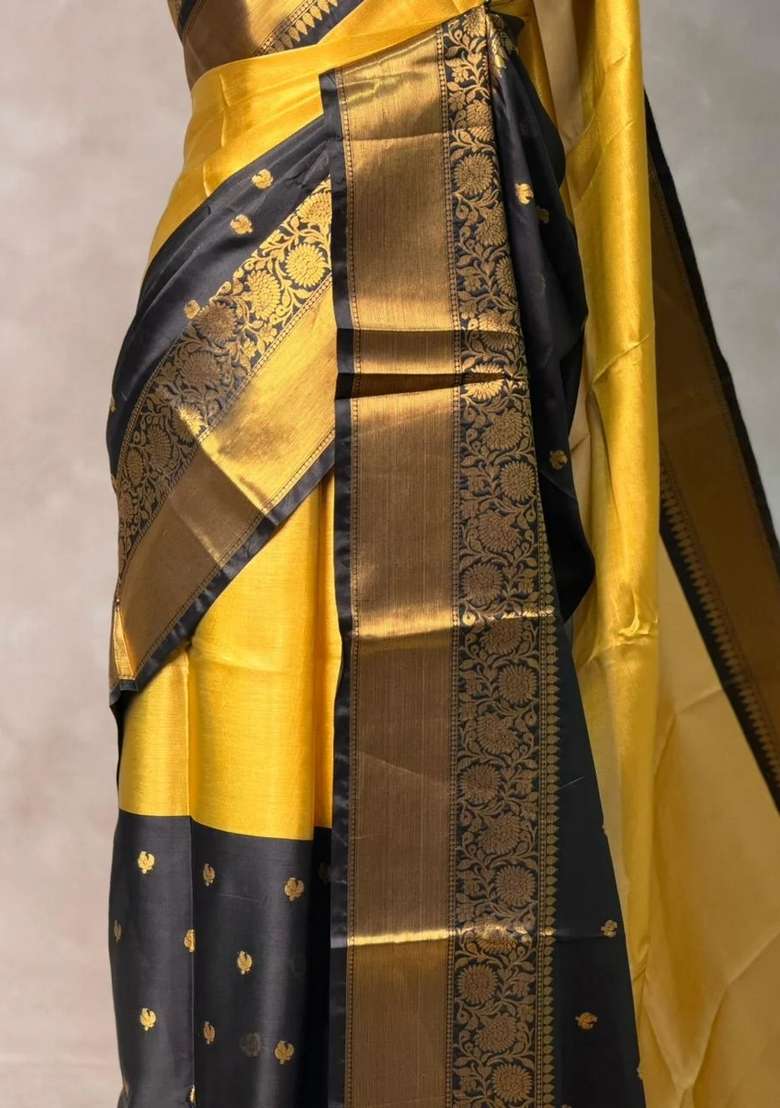 Gold And Black Banarasi Silk Saree With Traditional Woven Design For Women - Indya