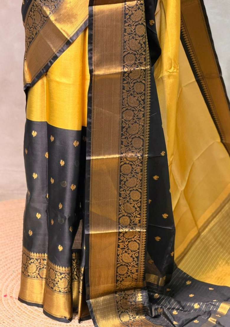 Gold And Black Banarasi Silk Saree With Traditional Woven Design For Women - Indya