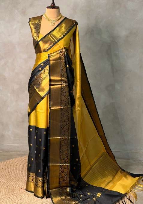 Gold And Black Banarasi Silk Saree With Traditional Woven Design For Women