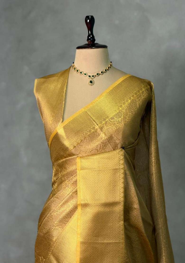 Gold Tissue Banarasi Silk Saree With Traditional Woven Design For Women - Indya