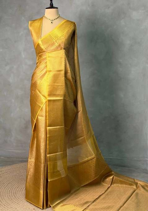 Gold Tissue Banarasi Silk Saree With Traditional Woven Design For Women