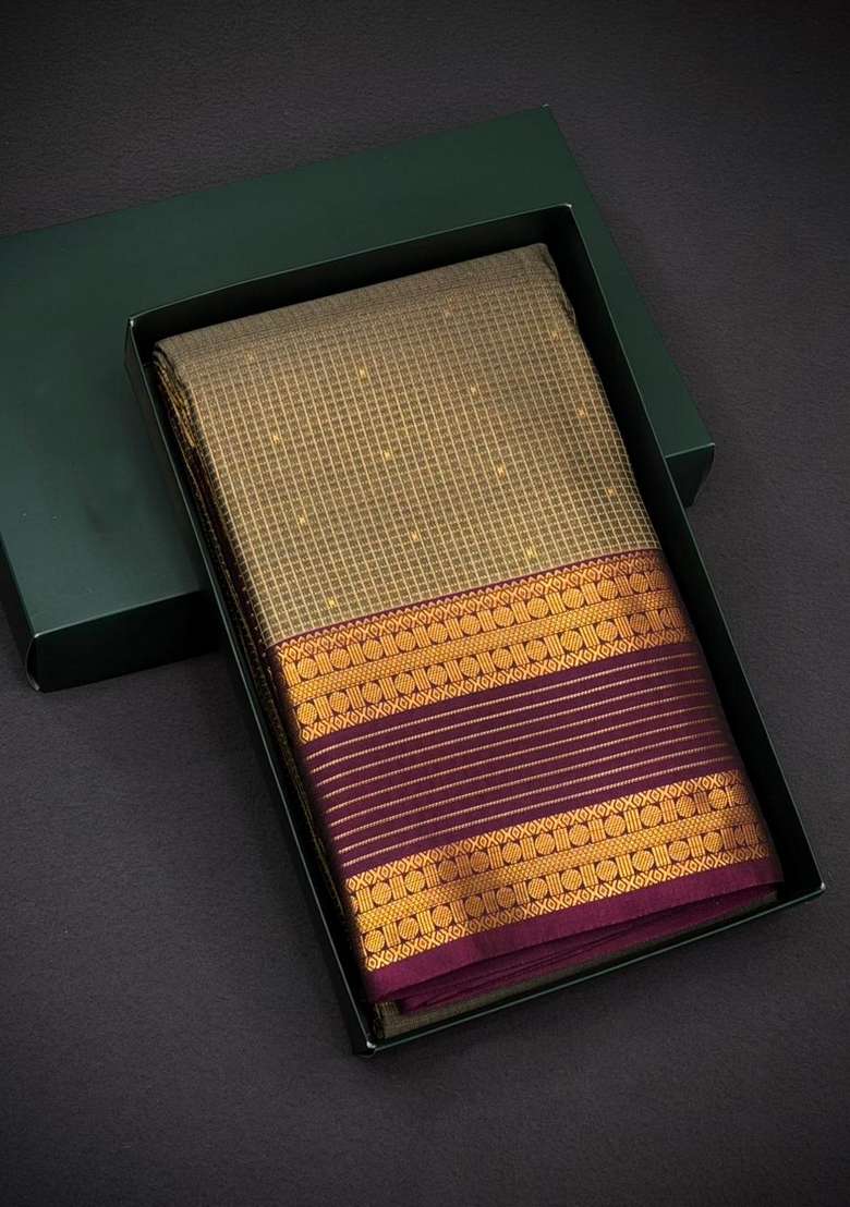 Grey And Purple Kanchipuram Silk Saree With Traditional Woven Design For Women - Indya