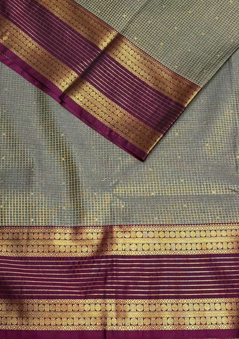 Grey And Purple Kanchipuram Silk Saree With Traditional Woven Design For Women - Indya