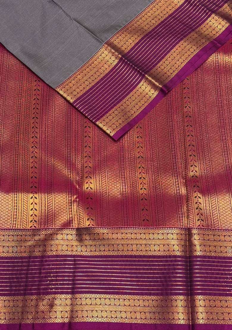 Grey And Purple Kanchipuram Silk Saree With Traditional Woven Design For Women - Indya