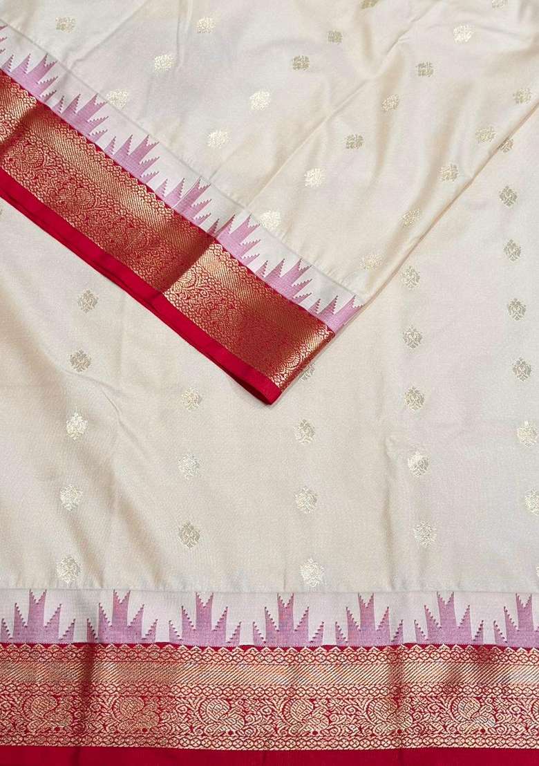 Sandal And Red Kanchipuram Silk Saree With Traditional Woven Design For Women - Indya