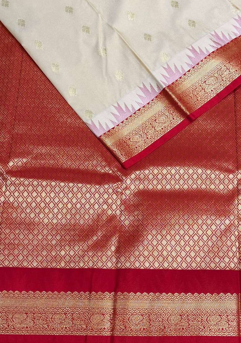 Sandal And Red Kanchipuram Silk Saree With Traditional Woven Design For Women - Indya