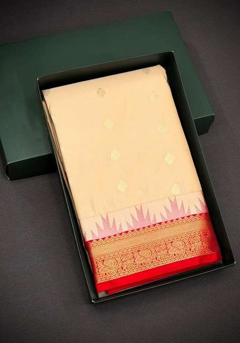Sandal And Red Kanchipuram Silk Saree With Traditional Woven Design For Women