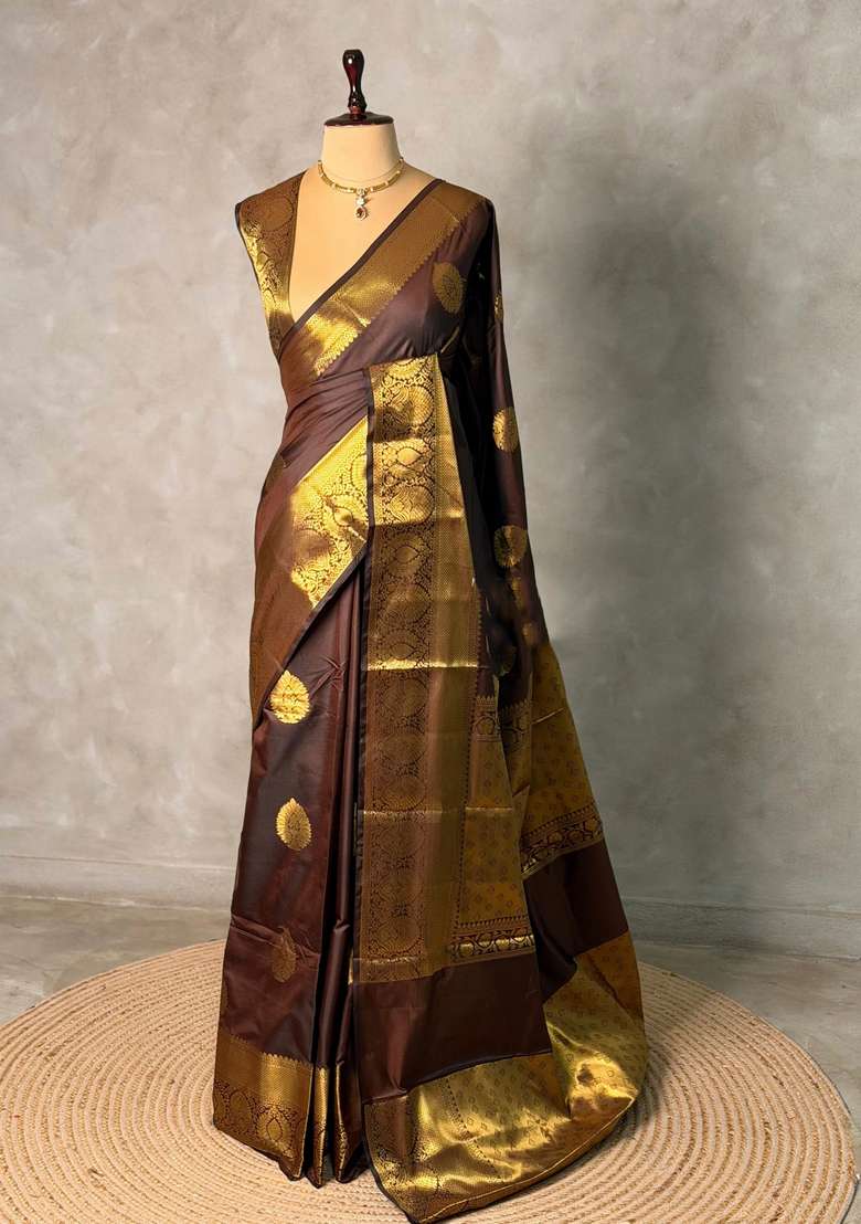Brown Banarasi Silk Saree With Traditional Woven Design For Women - Indya