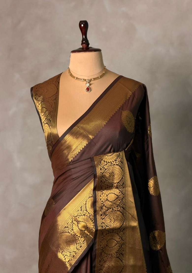 Brown Banarasi Silk Saree With Traditional Woven Design For Women - Indya