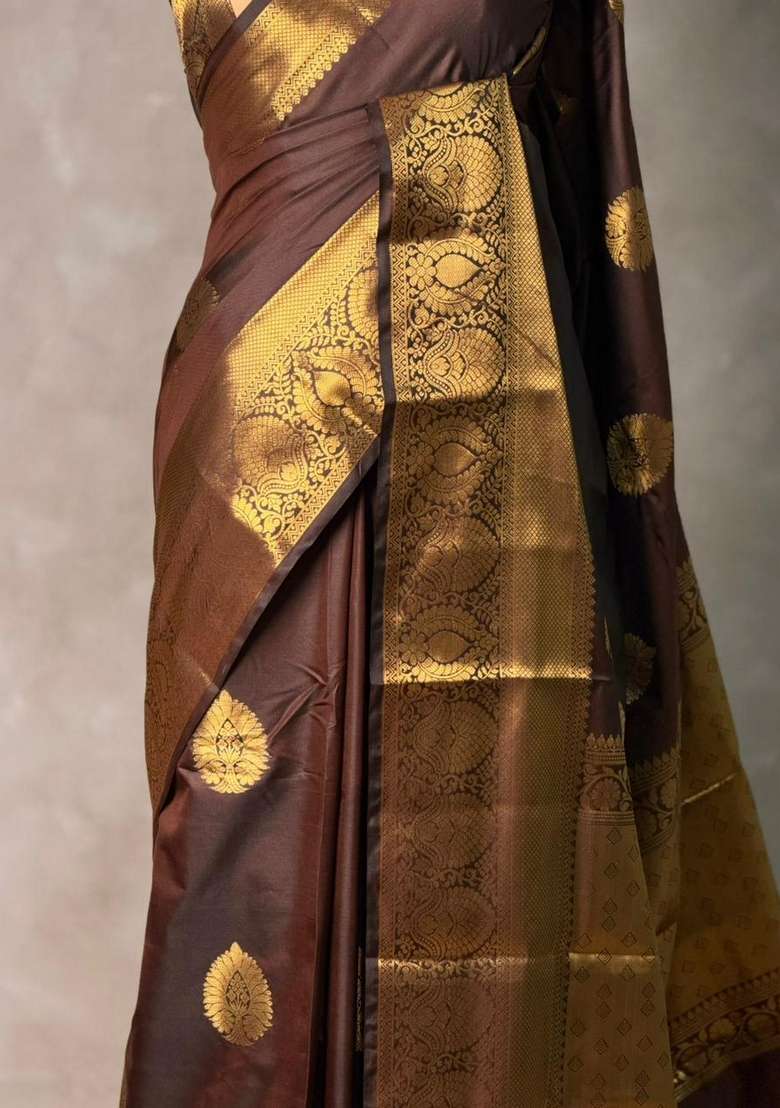 Brown Banarasi Silk Saree With Traditional Woven Design For Women - Indya