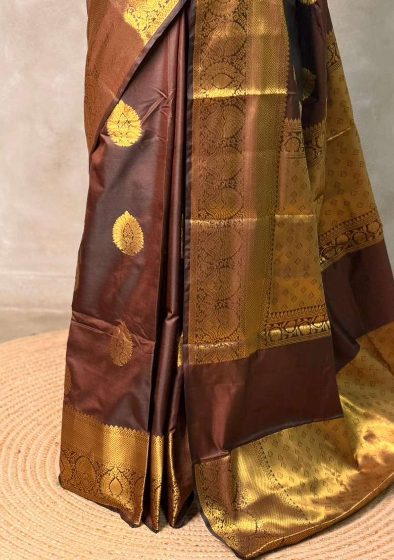 Brown Banarasi Silk Saree With Traditional Woven Design For Women - Indya