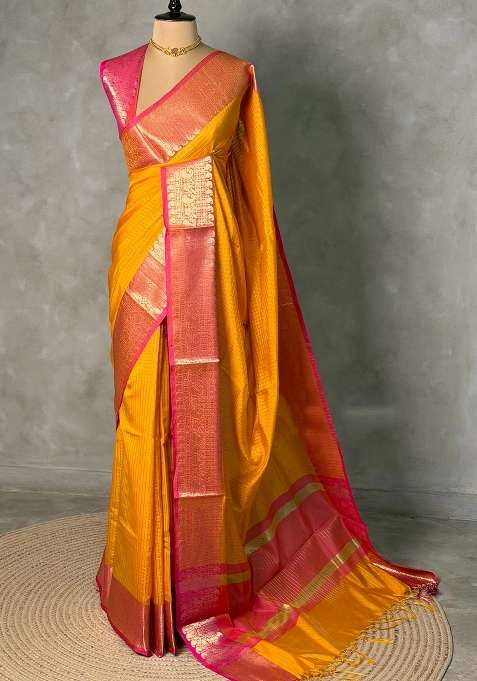 Yellow And Rani Pink Semi Banarasi Silk Saree Aishyr With Traditional Woven Design For Women