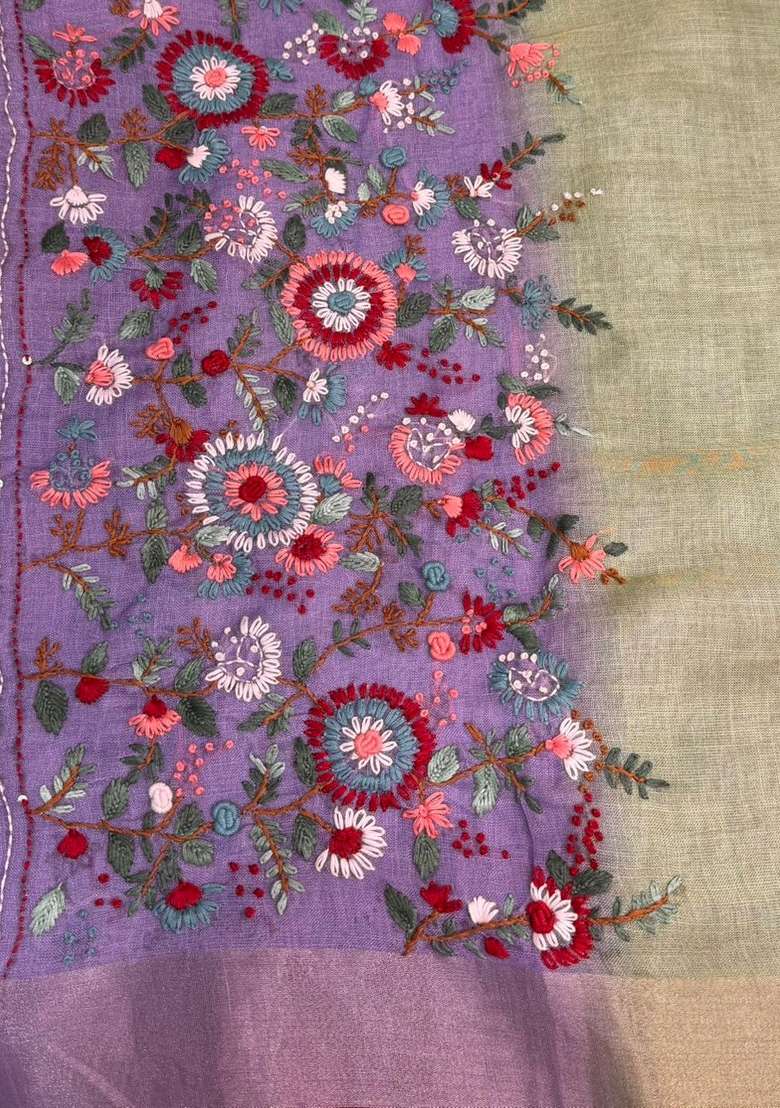 Green And Lavender Tissue Linen Saree With Traditional Woven Design For Women - Indya