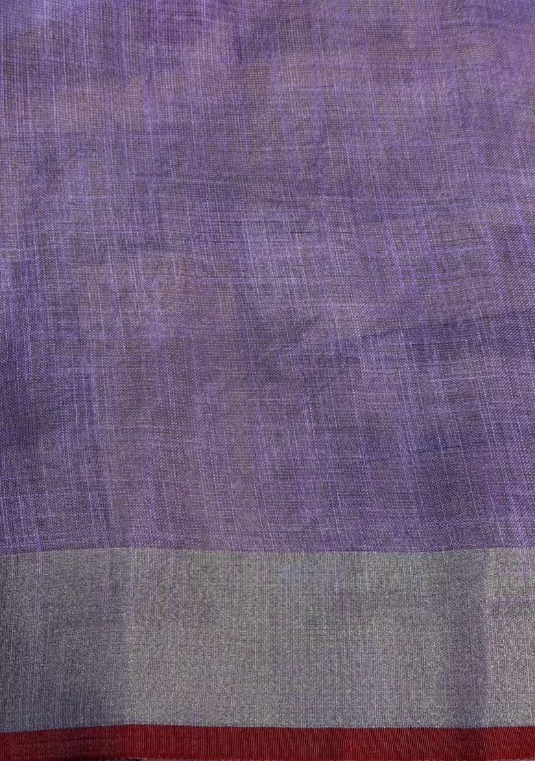 Green And Lavender Tissue Linen Saree With Traditional Woven Design For Women - Indya