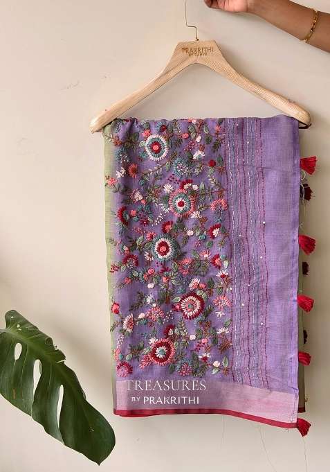 Green And Lavender Tissue Linen Saree With Traditional Woven Design For Women
