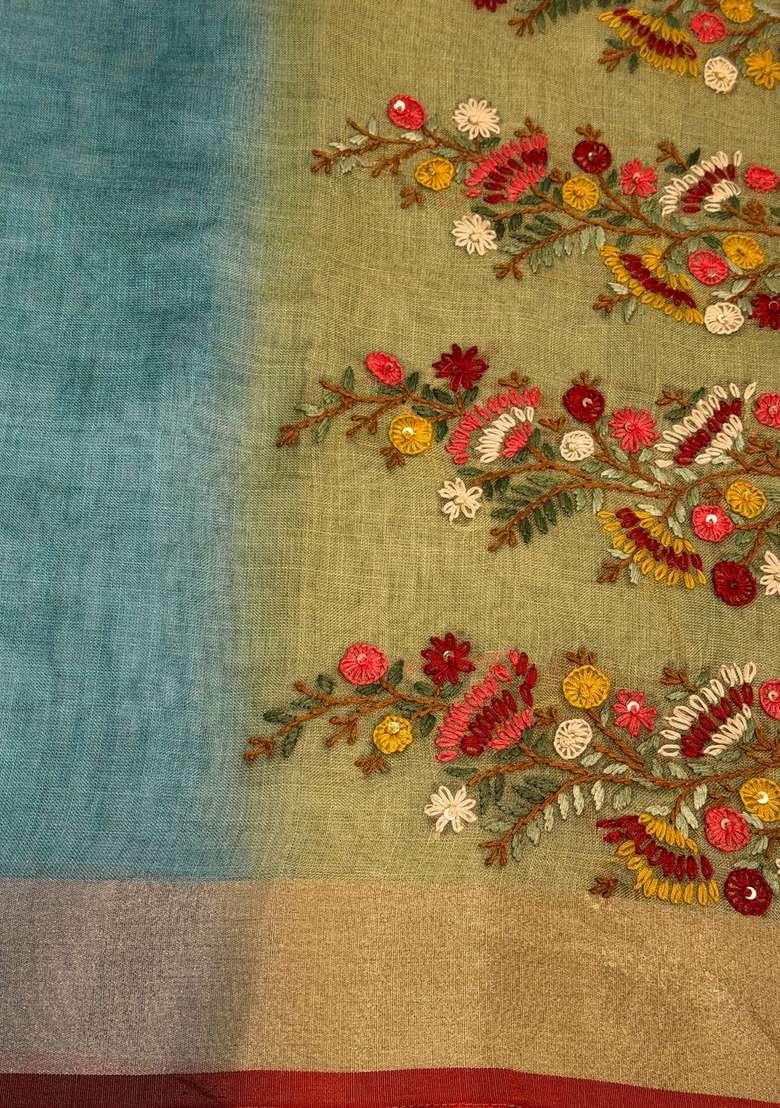 Green And Blue Tissue Linen Saree With Traditional Woven Design For Women - Indya