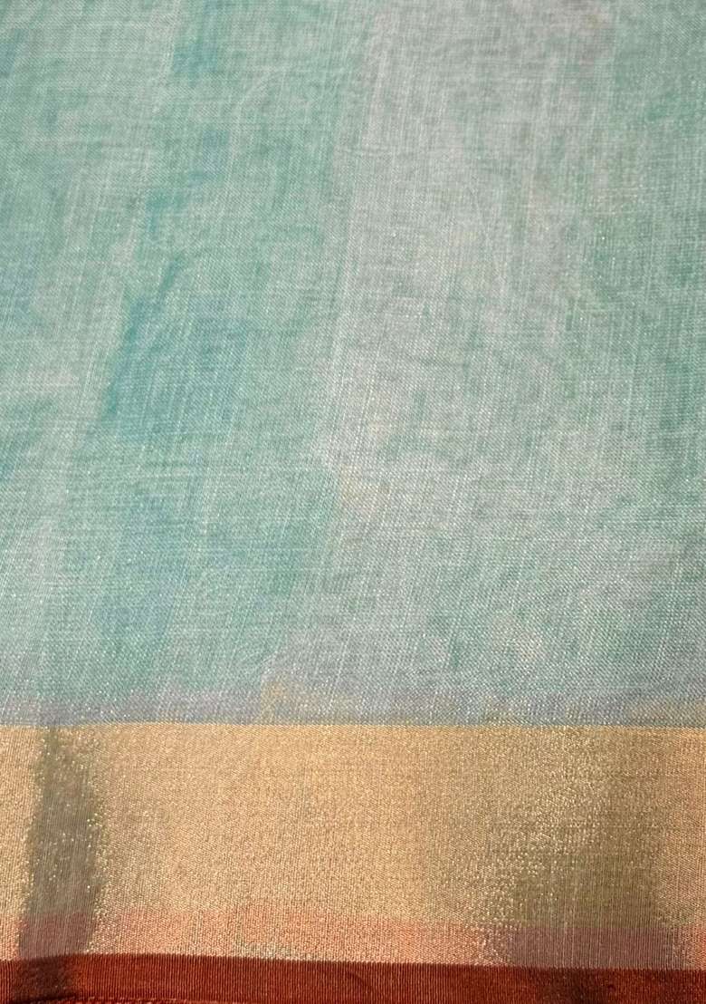 Green And Blue Tissue Linen Saree With Traditional Woven Design For Women - Indya