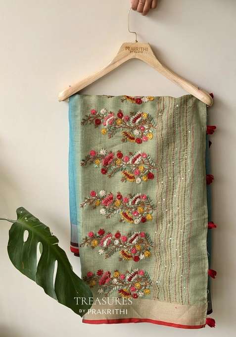 Green And Blue Tissue Linen Saree With Traditional Woven Design For Women