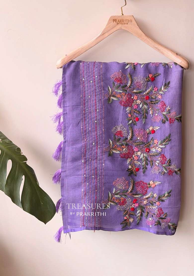 Lavender Tissue Linen Saree With Traditional Woven Design For Women - Indya