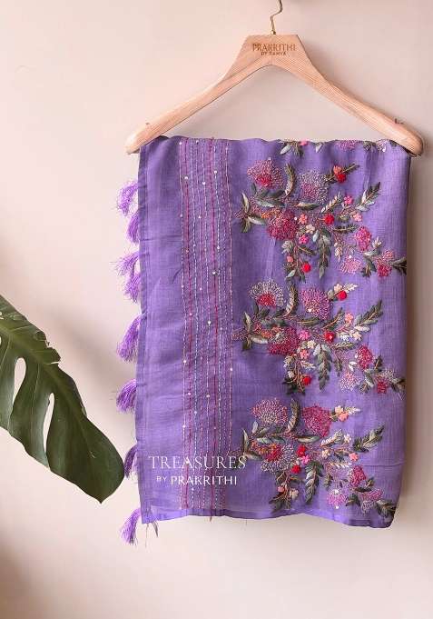 Lavender Tissue Linen Saree With Traditional Woven Design For Women
