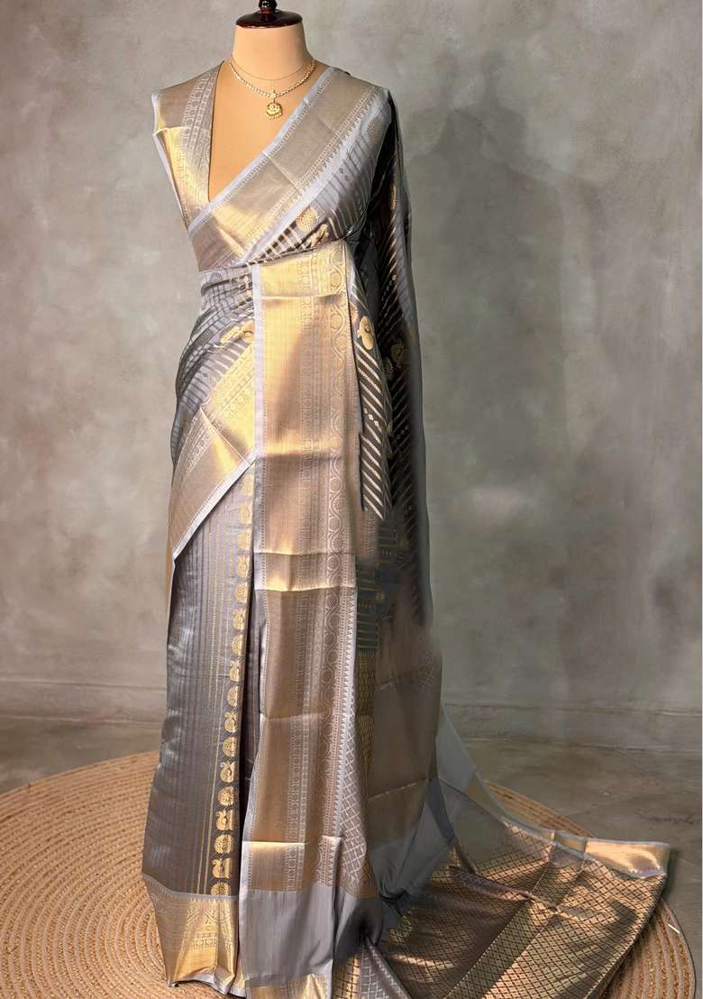 Grey Banarasi Silk Saree With Traditional Woven Design For Women - Indya