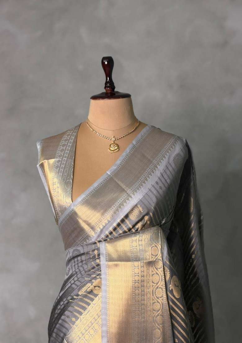 Grey Banarasi Silk Saree With Traditional Woven Design For Women - Indya